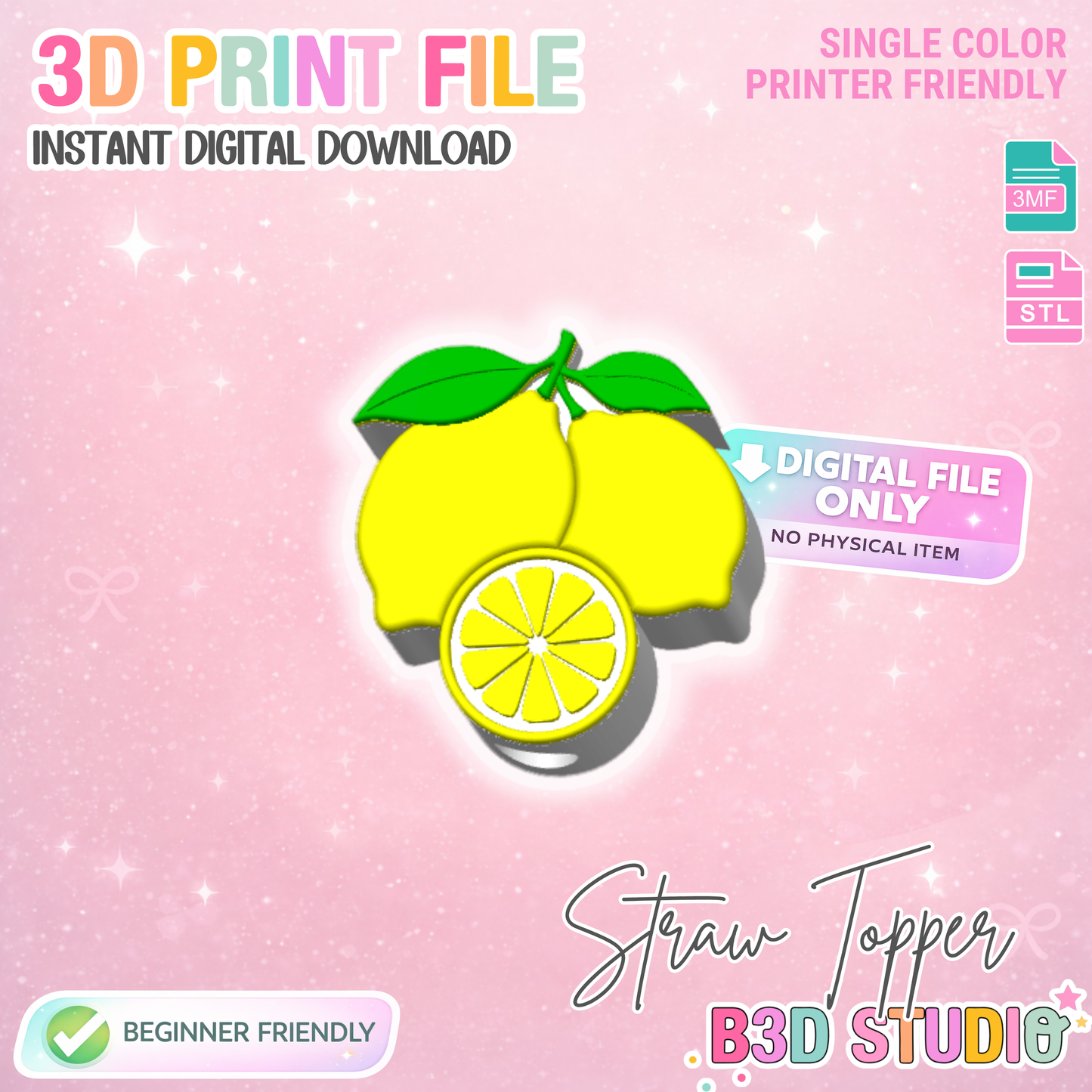 Lemons Straw Topper 3D Print File (STL & 3MF Digital Download) 8mm + 10mm Sizes
