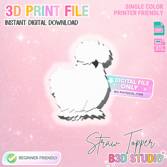 Silkie Straw Topper 3D Print File (STL & 3MF Digital Download) 8mm + 10mm Sizes