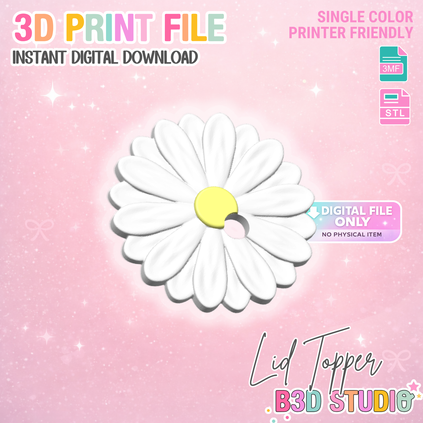Daisy Version 2 Lid Topper: 3D Print STL & 3MF File Cup Toppers (Digital Download)