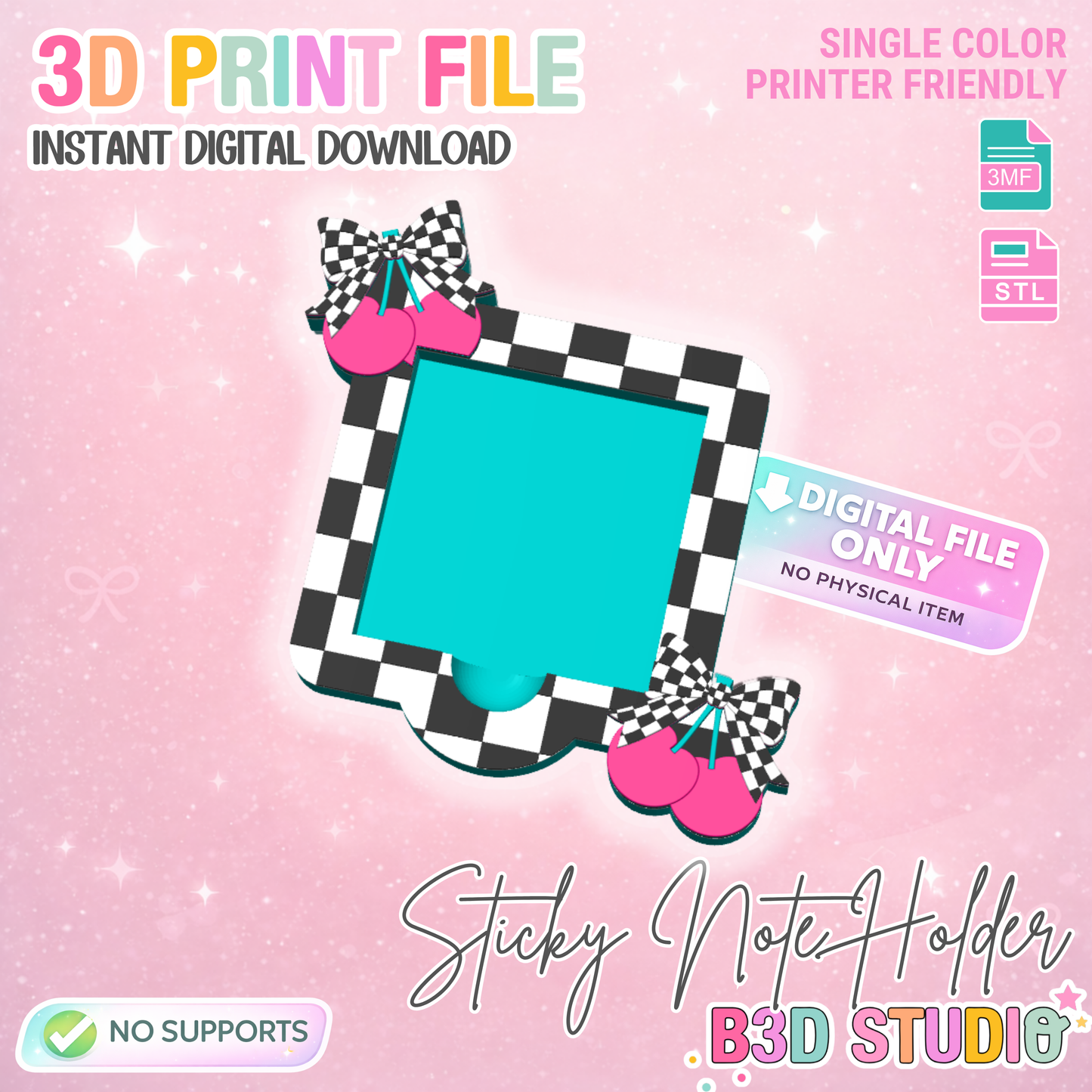 Checkered Cherry Sticky Note Holder: 3D Print File (STL/3MF Digital Download