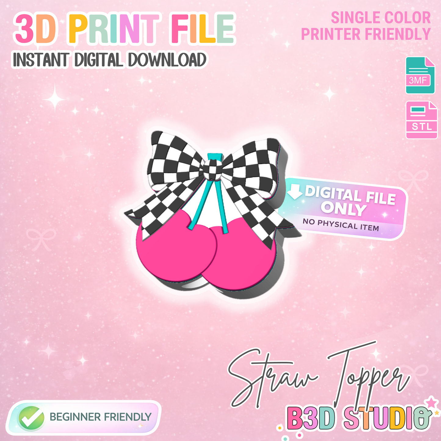 Checkered Cherry Straw Topper 3D Print File (STL & 3MF Digital Download) 8mm + 10mm Sizes
