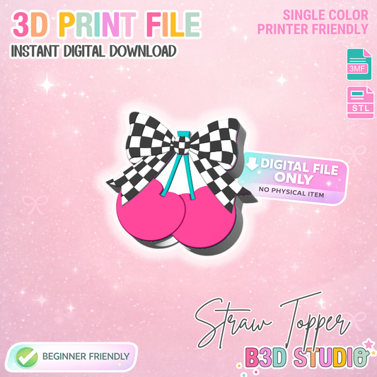 Checkered Cherry Straw Topper 3D Print File (STL & 3MF Digital Download) 8mm + 10mm Sizes
