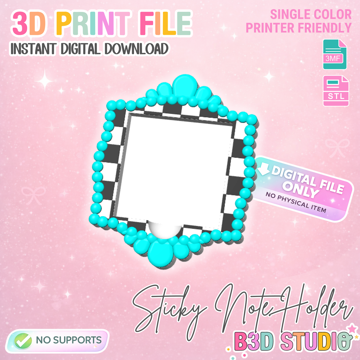 Checkered Turquoise Sticky Note Holder 3D Print File: Desk Decor (STL/3MF Digital Download)