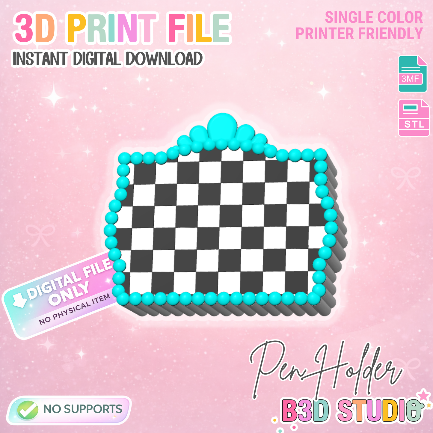 Checkered Turquoise Pen Holder: 3D Print STL & 3MF File (Digital Download)