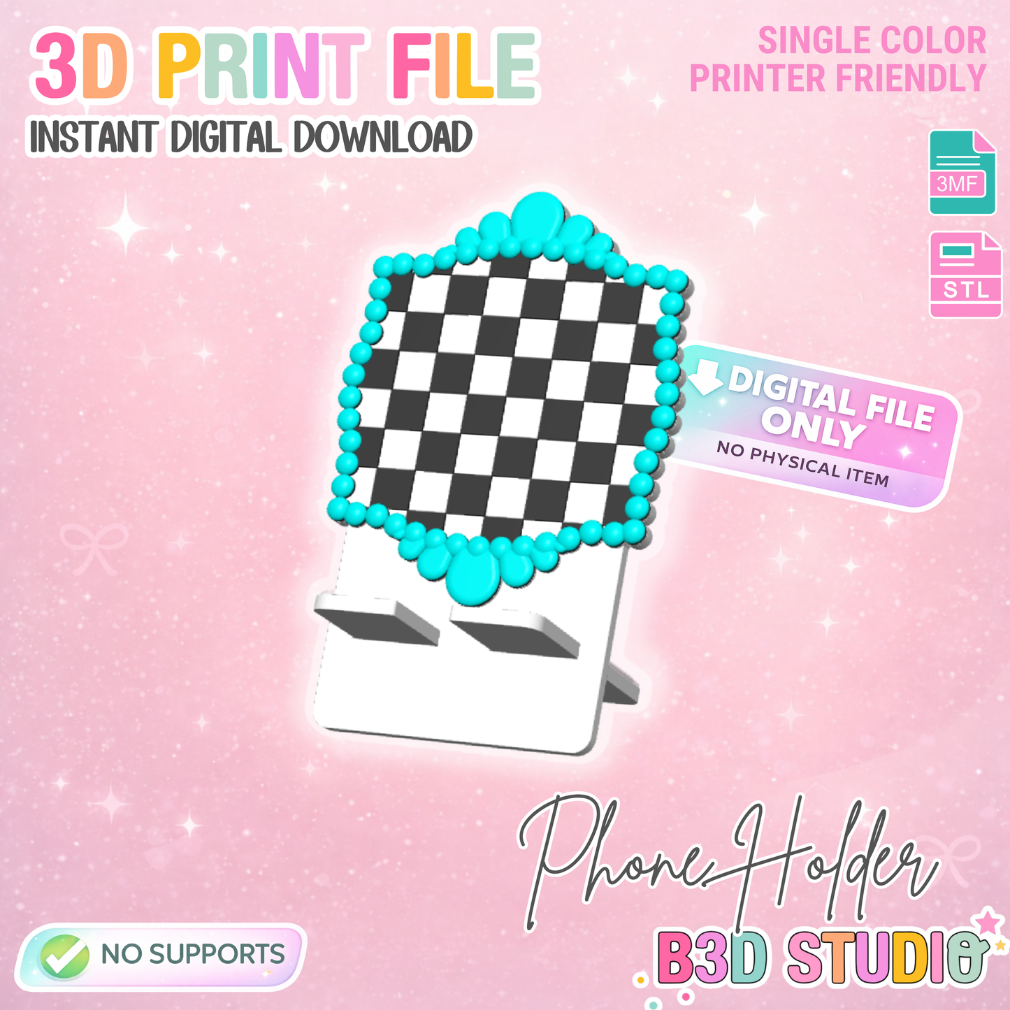 Checkered Turquoise Phone Holder 3D Print File (STL/3MF Digital Download)