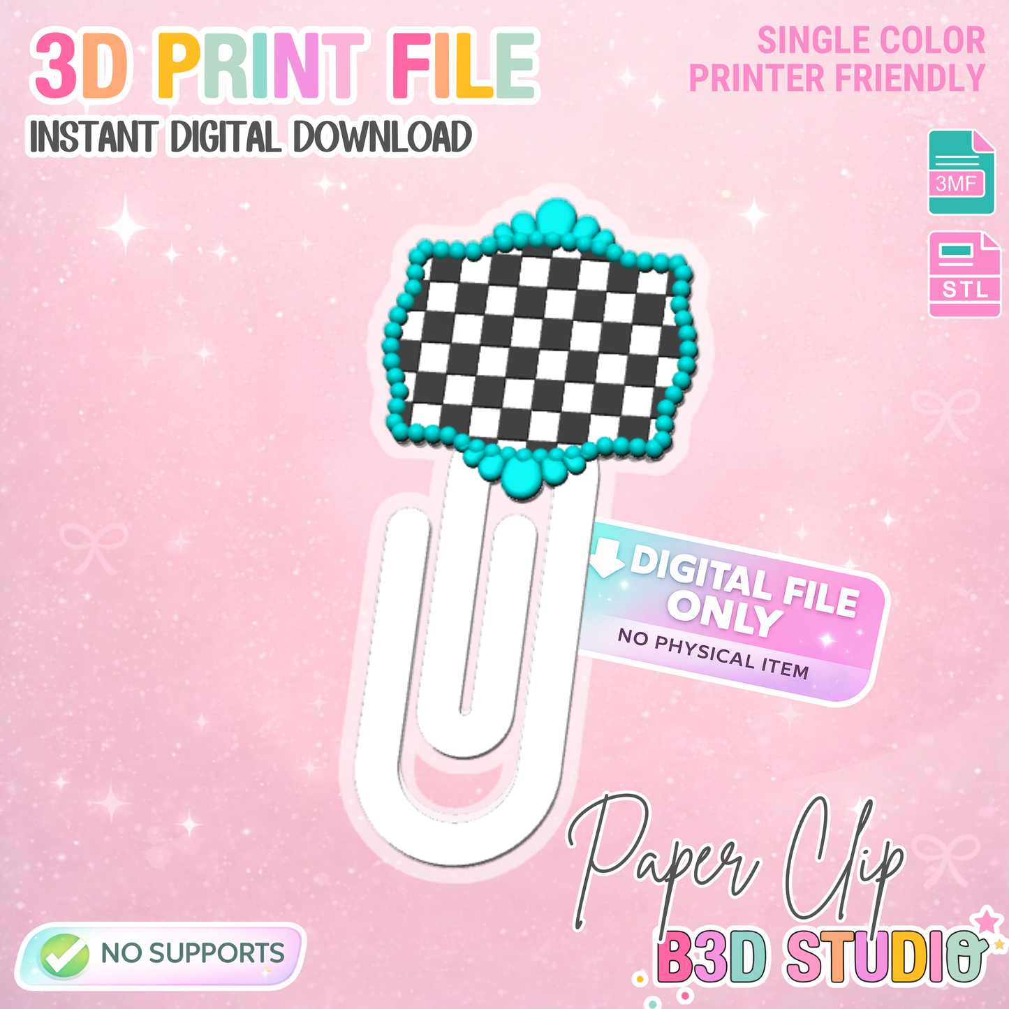 Checkered Turquoise Paper Clip 3D Print File (STL/3MF Digital Download)