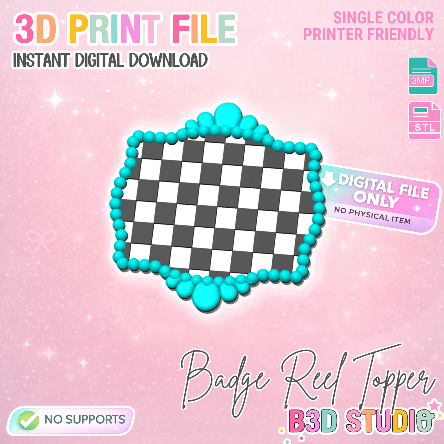 Checkered Turquoise Badge Reel Topper Flat Back 3D Print File (STL & 3MF Digital Download)