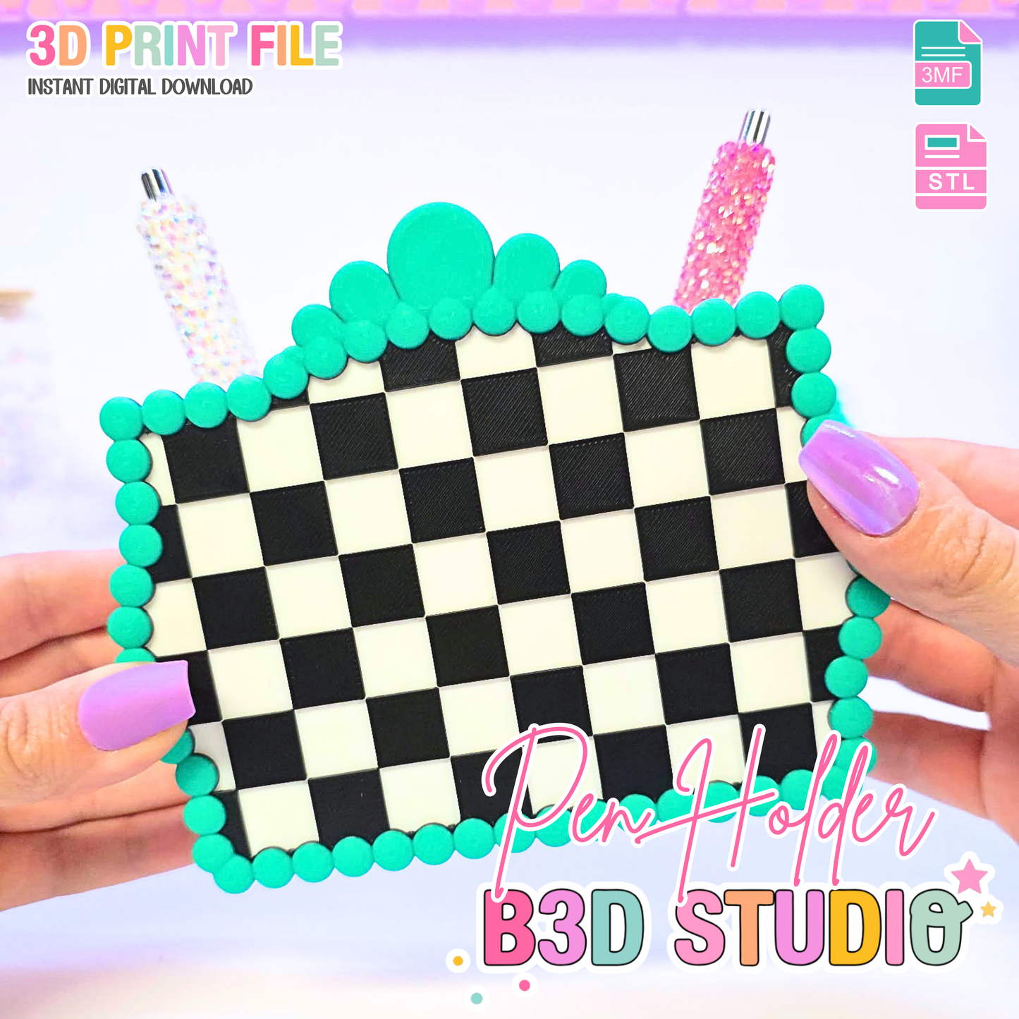 Checkered Turquoise Pen Holder: 3D Print STL & 3MF File (Digital Download)