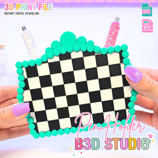 Checkered Turquoise Pen Holder: 3D Print STL & 3MF File (Digital Download)