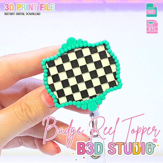 Checkered Turquoise Badge Reel Topper Flat Back 3D Print File (STL & 3MF Digital Download)