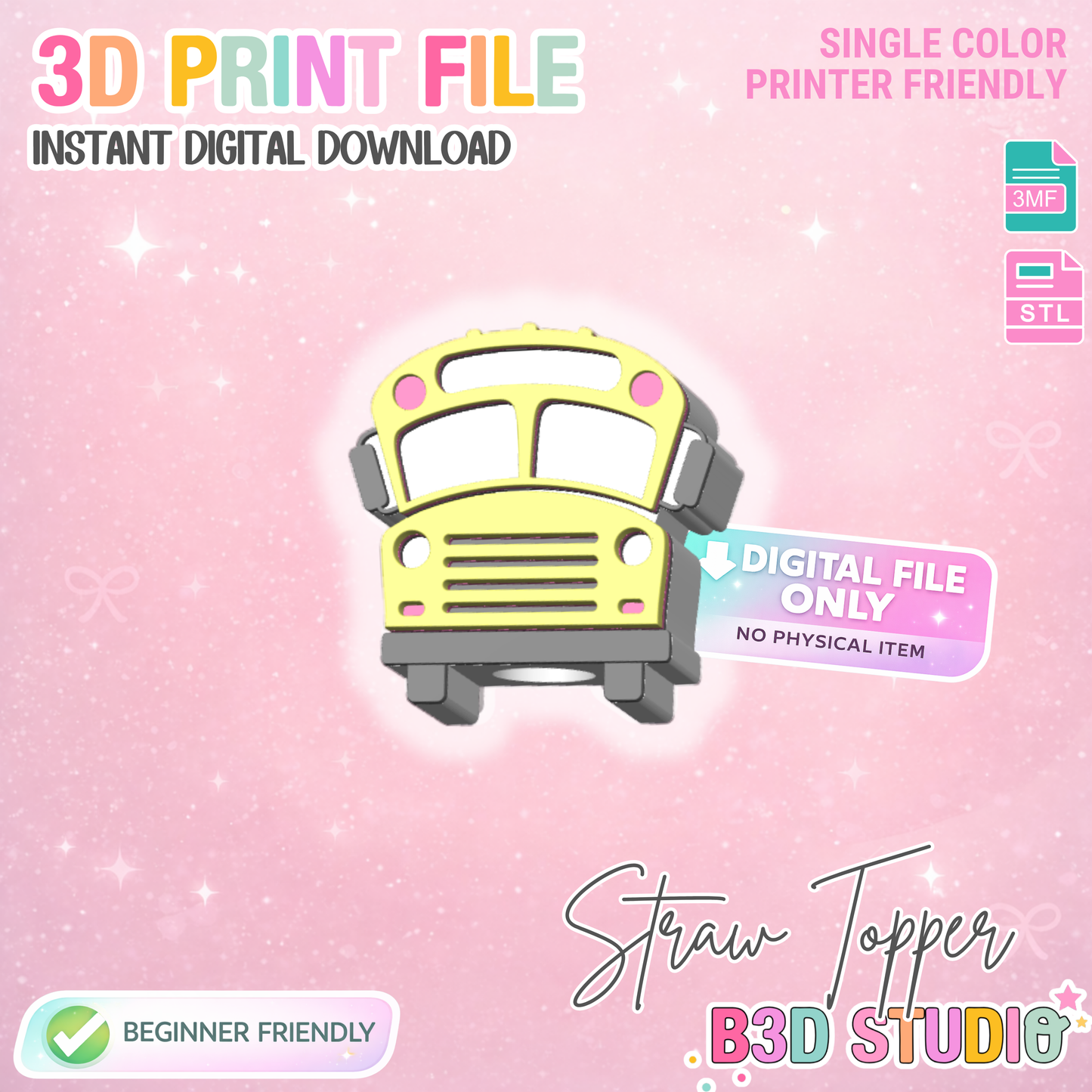 School Bus Straw Topper 3D Print File (STL & 3MF Digital Download) 8mm + 10mm Sizes