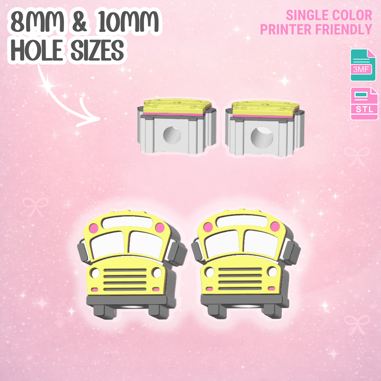 School Bus Straw Topper 3D Print File (STL & 3MF Digital Download) 8mm + 10mm Sizes