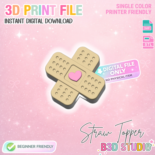 Heart Bandage Straw Topper 3D Print File (STL & 3MF Digital Download) 8mm + 10mm Sizes