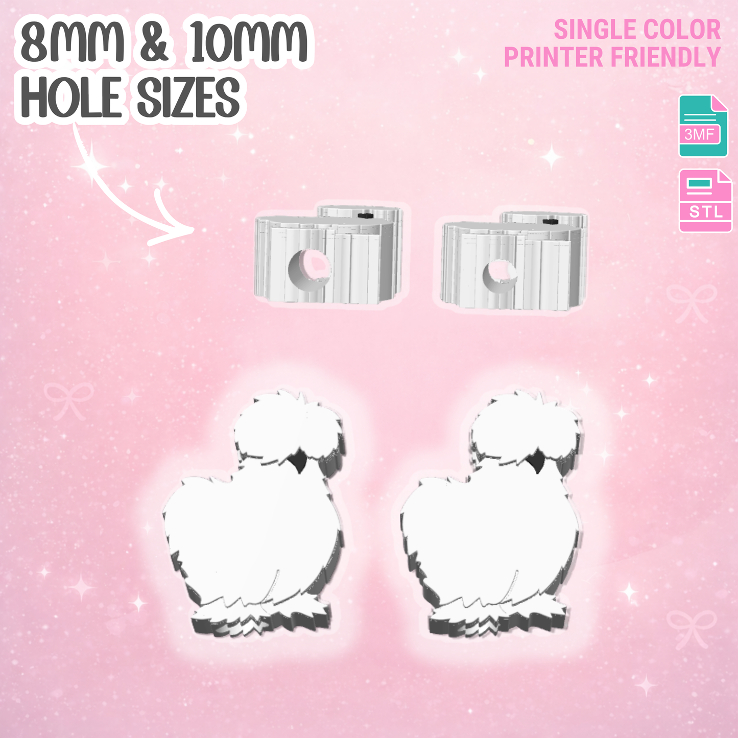 Silkie Straw Topper 3D Print File (STL & 3MF Digital Download) 8mm + 10mm Sizes