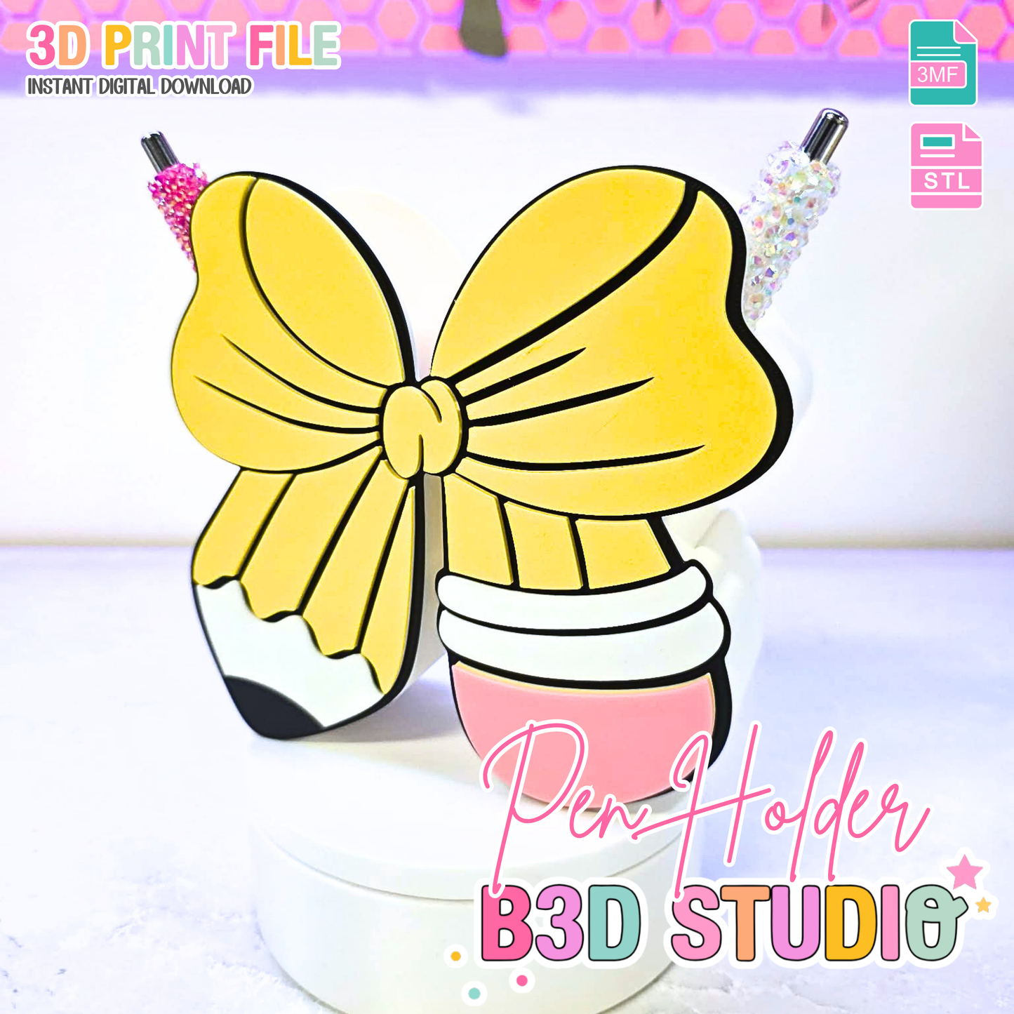 Bow Pencil Pen Holder: 3D Print STL & 3MF File (Digital Download)