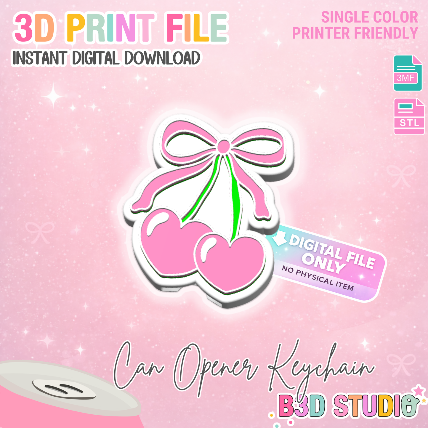 Cherry Heart Can Opener Keychain 3D Print File (STL + 3MF Digital Download)