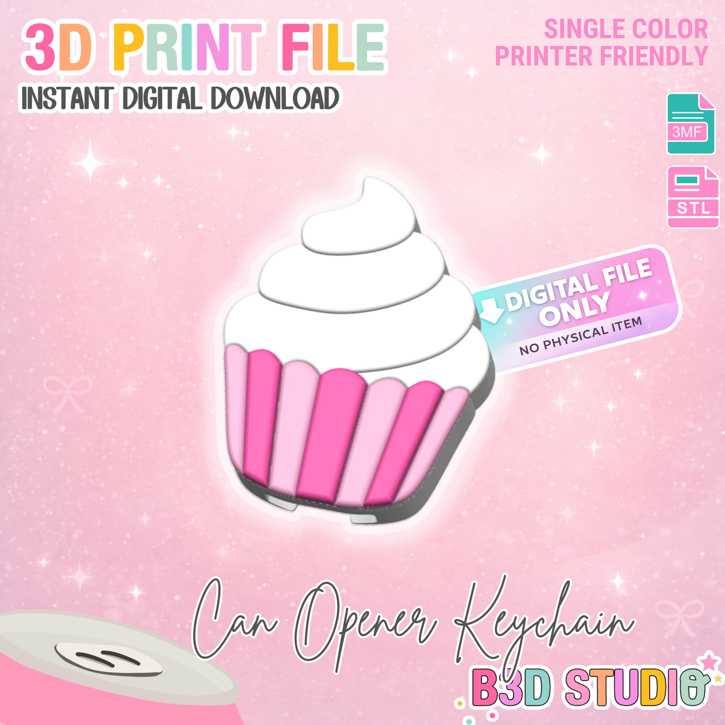 Cupcake Can Opener Keychain 3D Print File (STL + 3MF Digital Download)