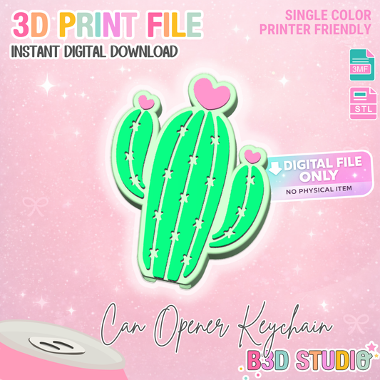 Heart Cactus Can Opener Keychain 3D Print File (STL + 3MF Digital Download)