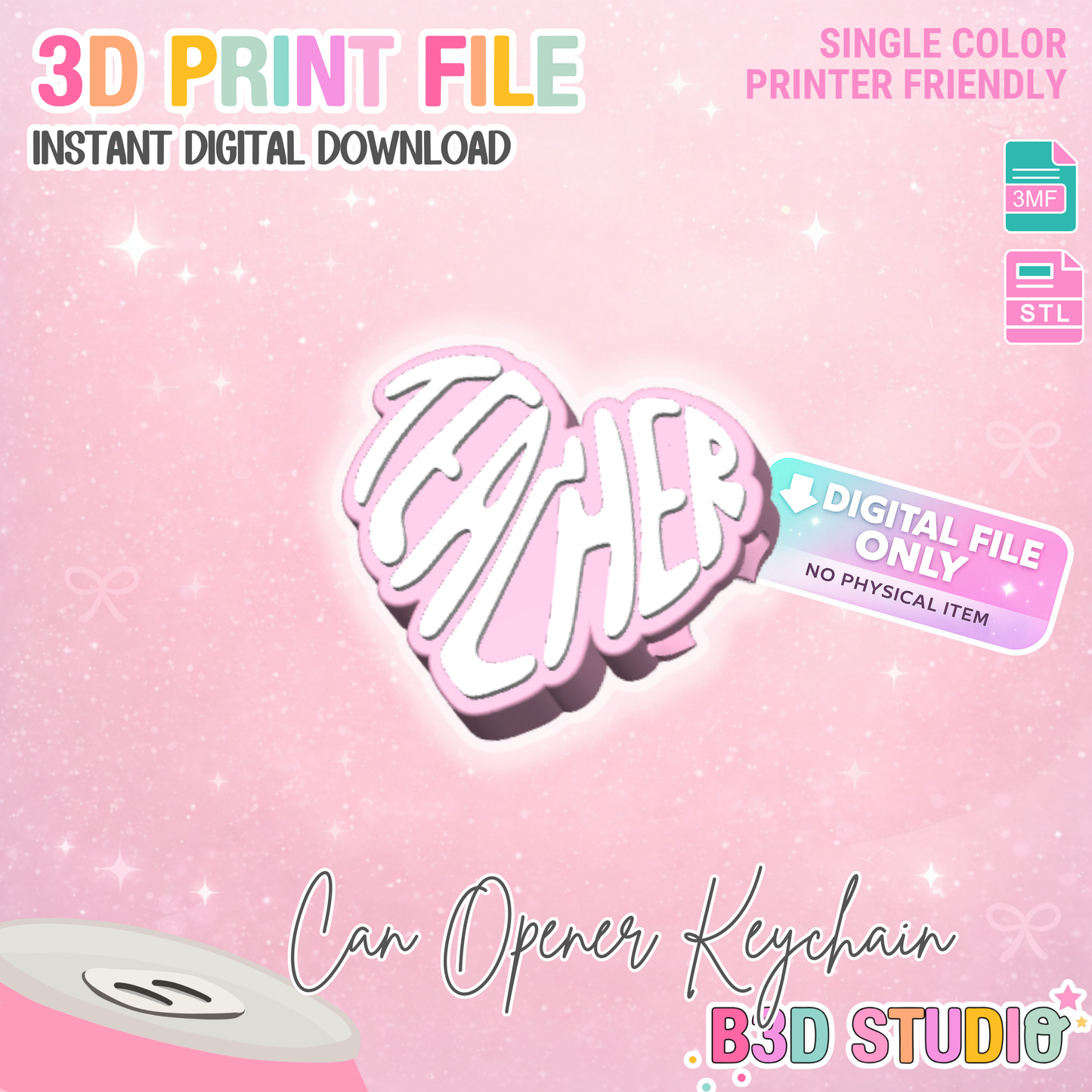 Teacher Heart Can Opener Keychain 3D Print File (STL + 3MF Digital Download)