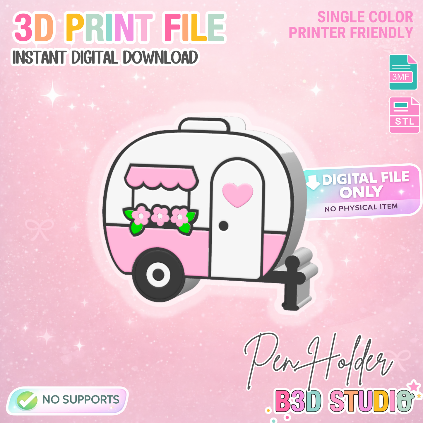 Cute Camper Pen Holder: 3D Print STL & 3MF File (Digital Download)