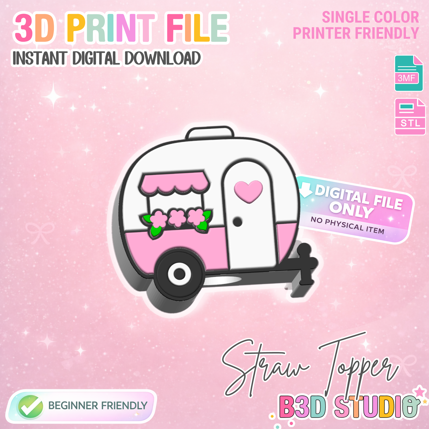 Cute Camper Straw Topper 3D Print File (STL & 3MF Digital Download) 8mm + 10mm Sizes
