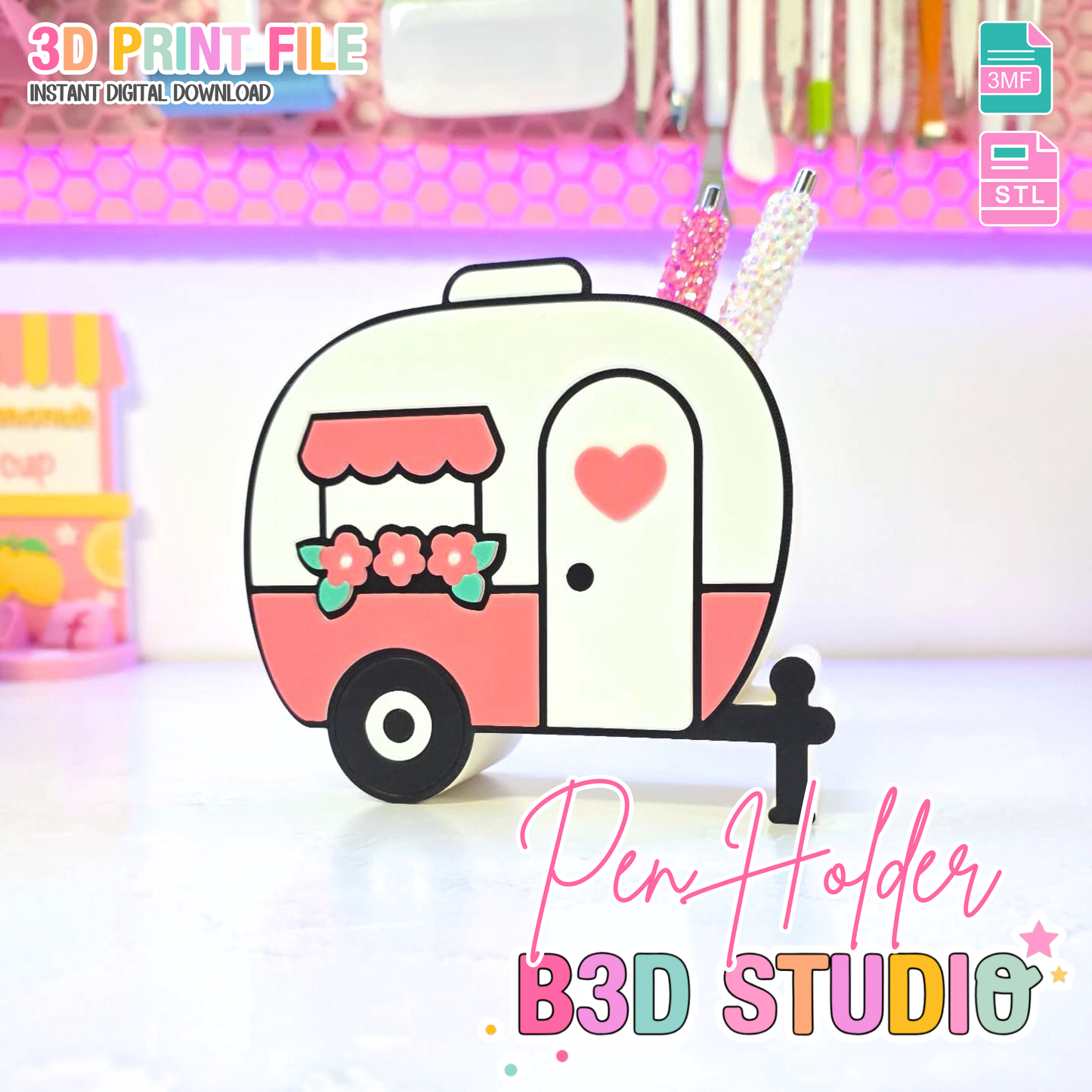Cute Camper Pen Holder: 3D Print STL & 3MF File (Digital Download)