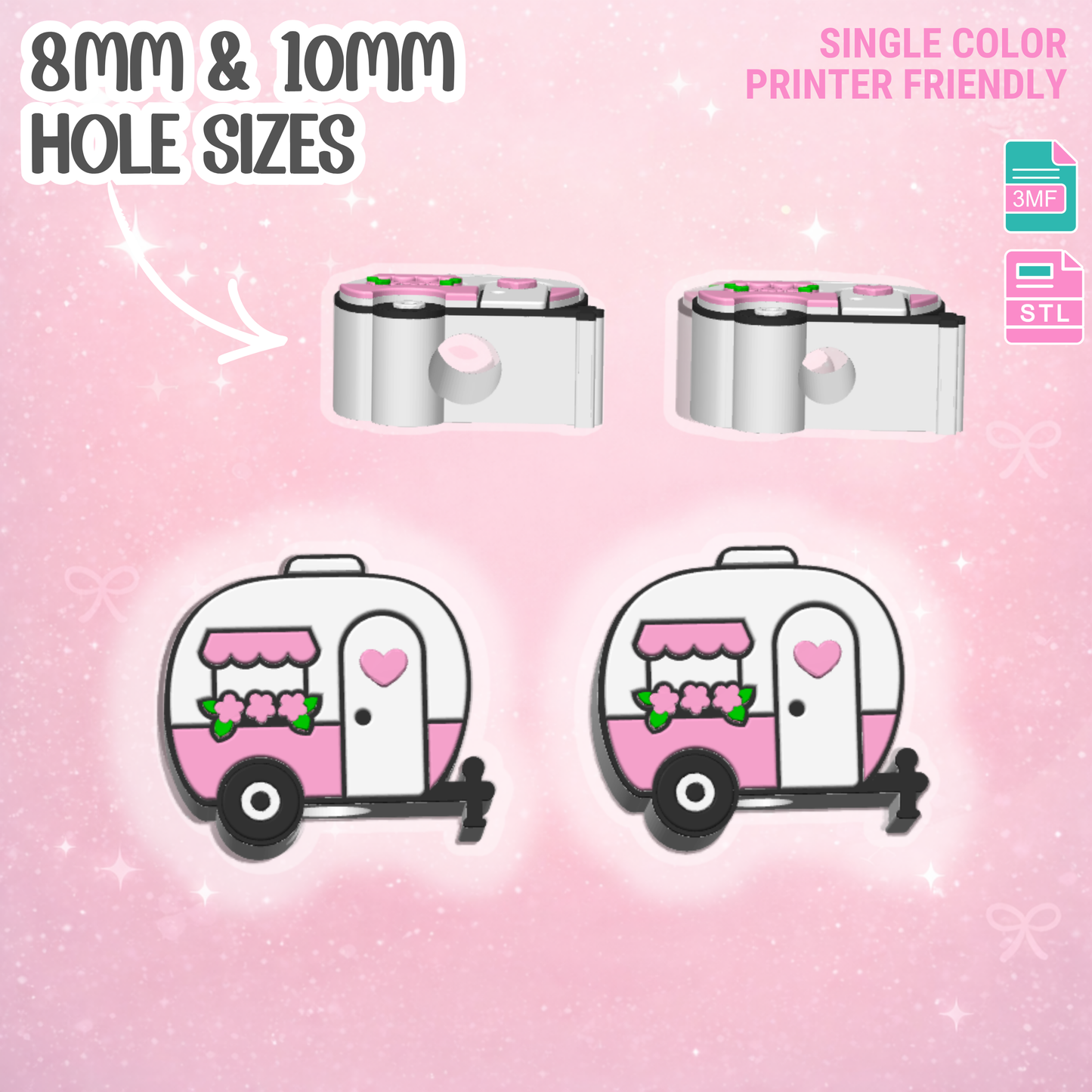 Cute Camper Straw Topper 3D Print File (STL & 3MF Digital Download) 8mm + 10mm Sizes