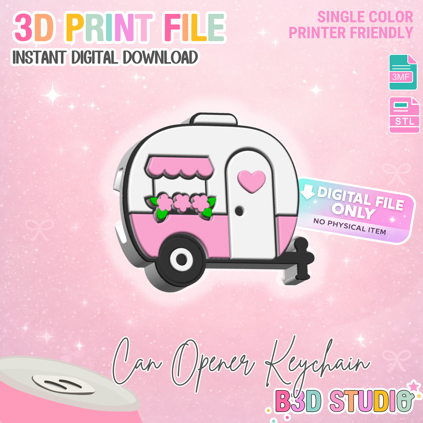 Cute Camper Can Opener Keychain 3D Print File (STL + 3MF Digital Download)
