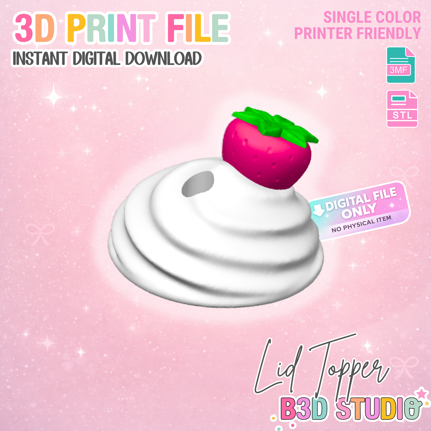 Strawberry Whip Lid Topper: 3D Print STL & 3MF File Cup Toppers (Digital Download)