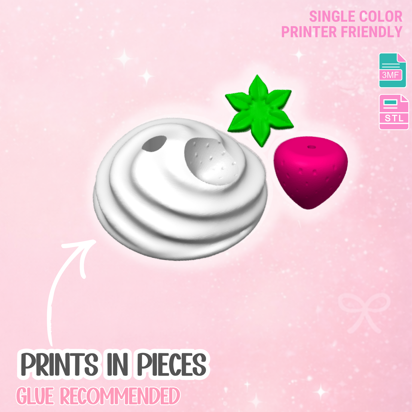 Strawberry Whip Lid Topper: 3D Print STL & 3MF File Cup Toppers (Digital Download)