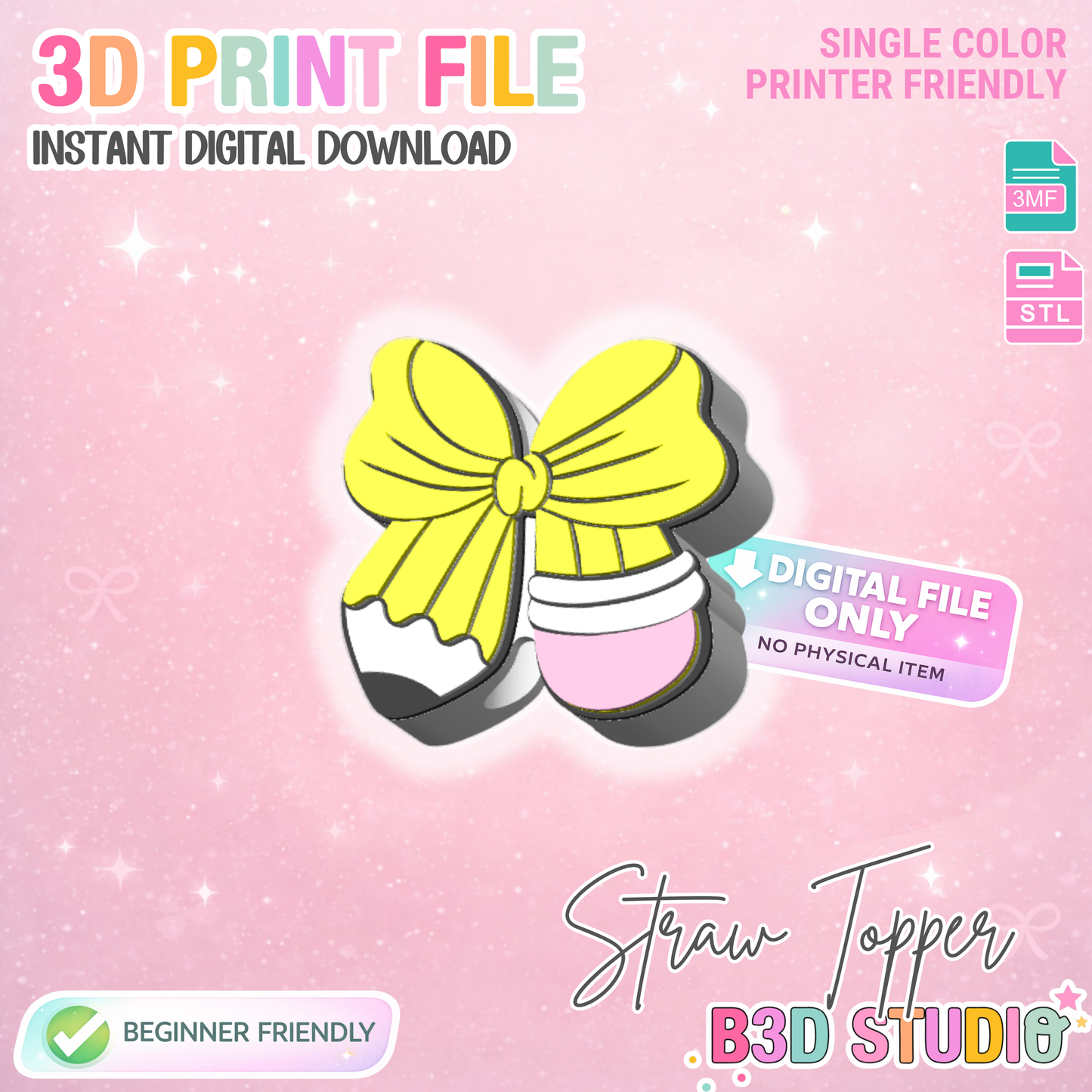 Bow Pencil Straw Topper 3D Print File (STL & 3MF Digital Download) 8mm + 10mm Sizes
