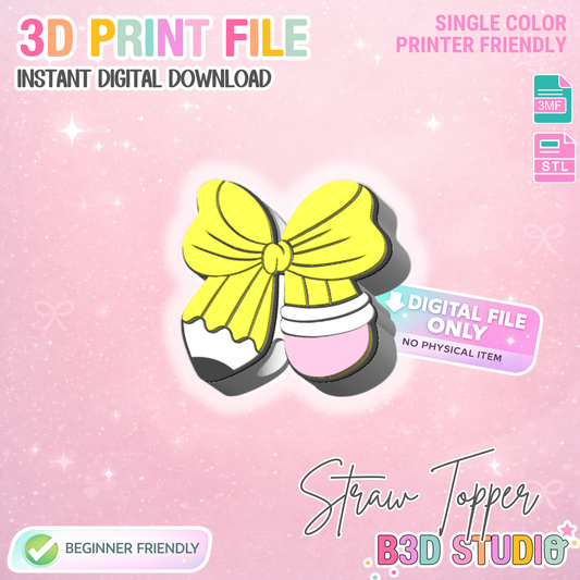 Bow Pencil Straw Topper 3D Print File (STL & 3MF Digital Download) 8mm + 10mm Sizes