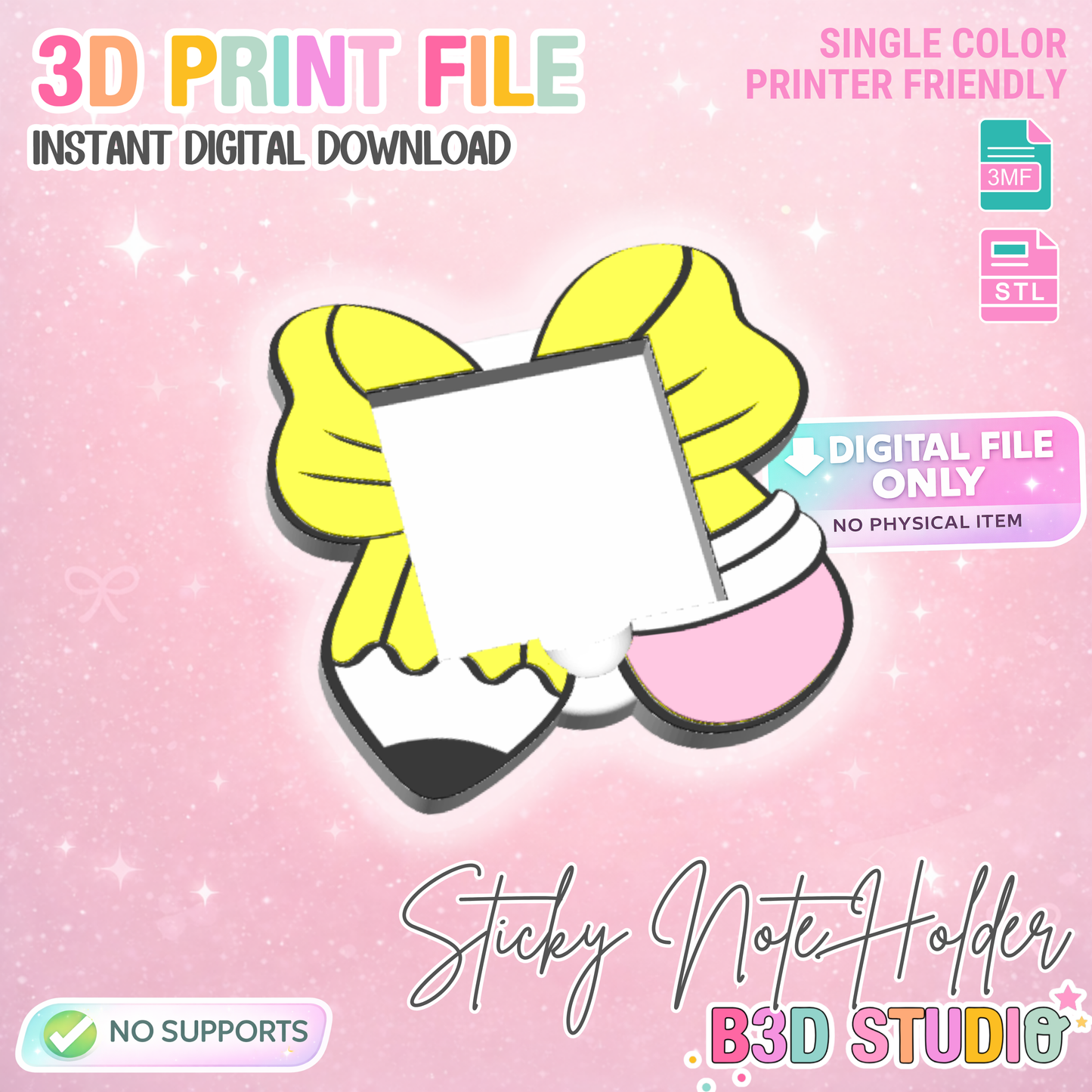 Bow Pencil Sticky Note Holder: 3D Print File (STL/3MF Digital Download)