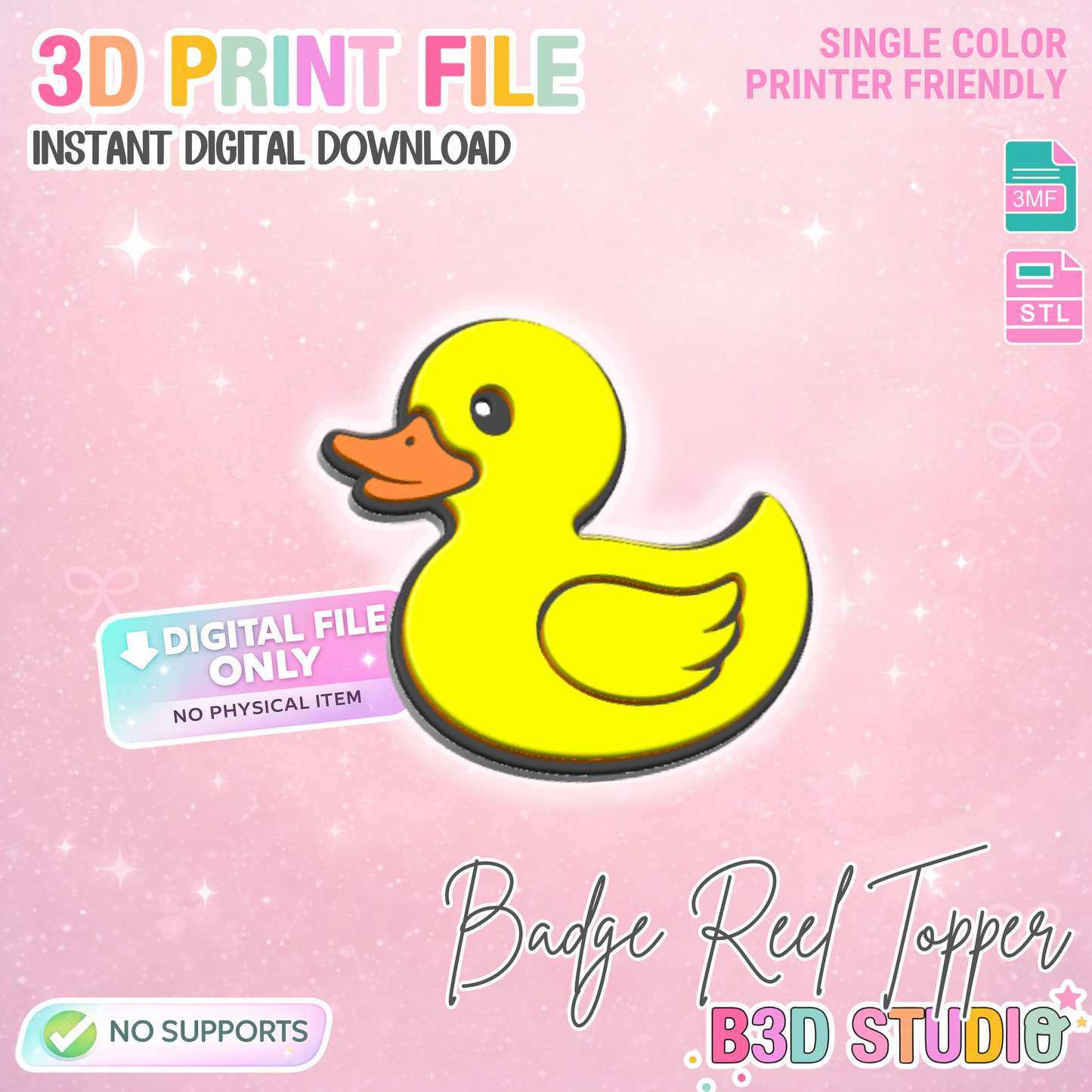 Duck Badge Reel Topper Flat Back 3D Print File (STL & 3MF Digital Download)