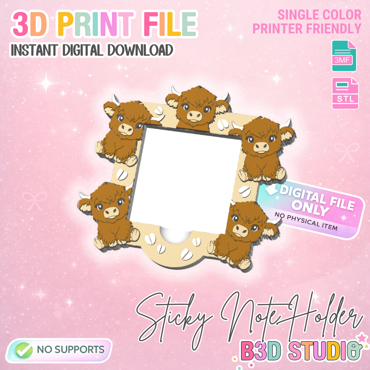 Highland Cow Sticky Note Holder: Desk Organizer 3D Print File (STL & 3MF)