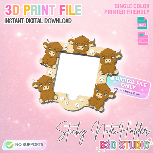 Highland Cow Sticky Note Holder: Desk Organizer 3D Print File (STL & 3MF)