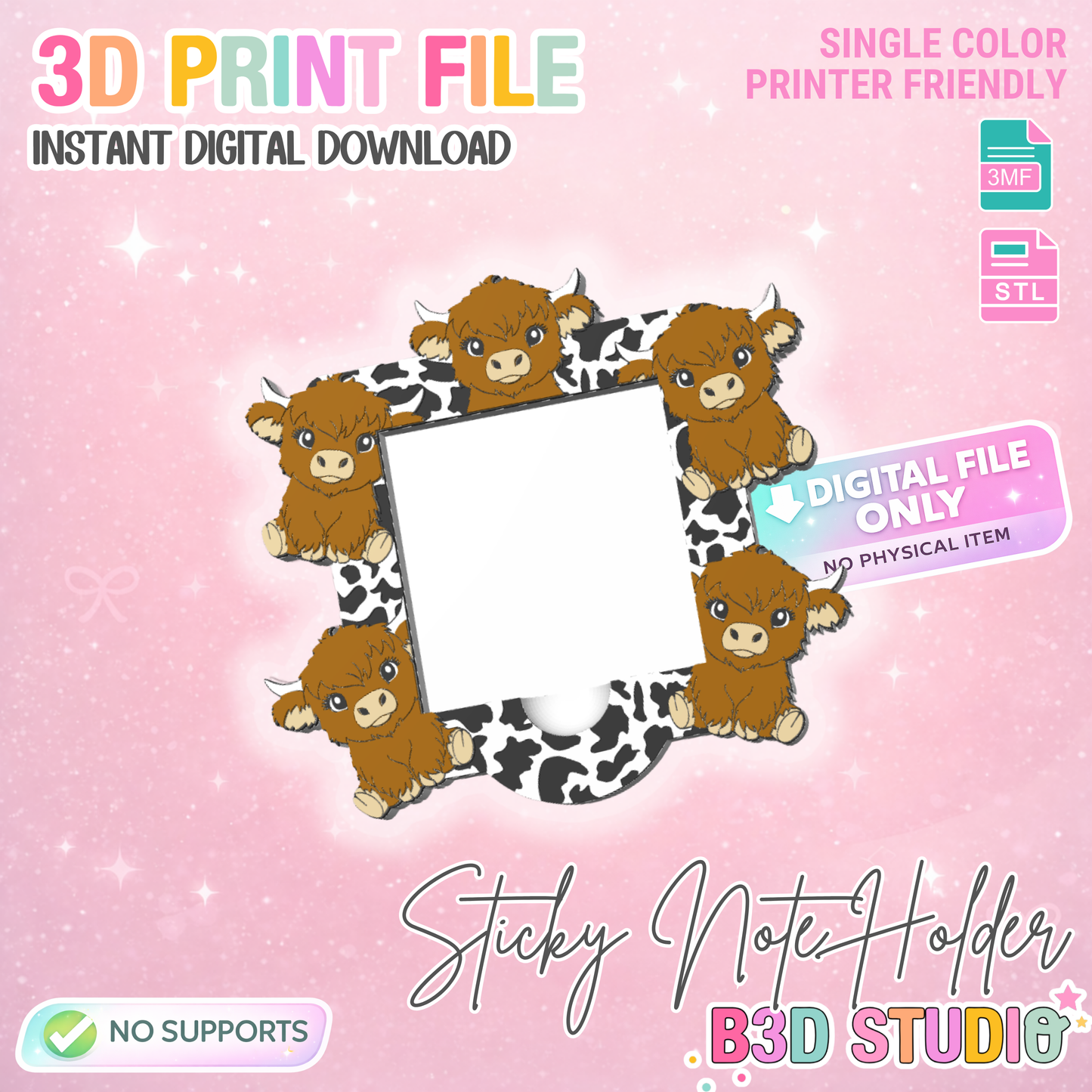 Highland Cow Print Sticky Note Holder: 3D Print File (STL & 3MF Digital Download)