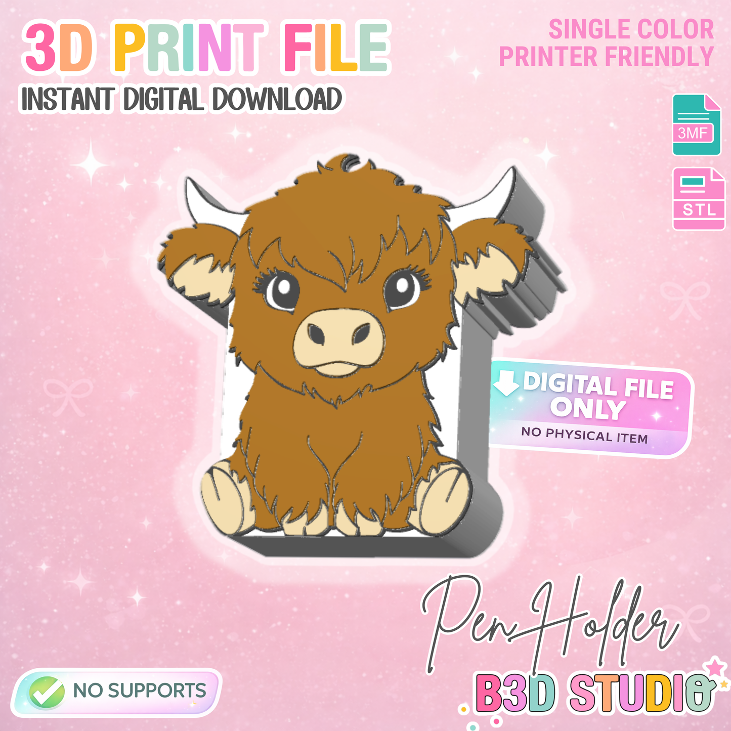 Highland Cow Pen Holder 3D Printable: Desk Decor (STL + 3MF File Digital Download)