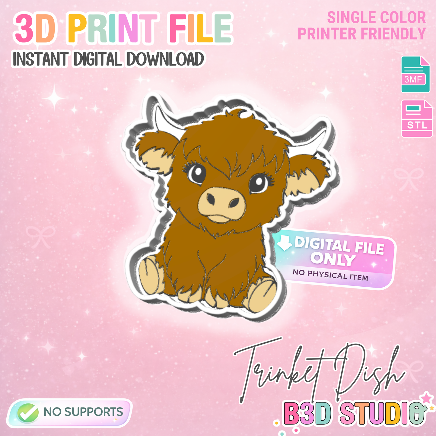 Highland Cow Trinket Dish 3D Print File – STL/3MF Desk Organization (Digital Download)