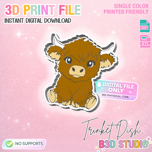 Highland Cow Trinket Dish 3D Print File – STL/3MF Desk Organization (Digital Download)