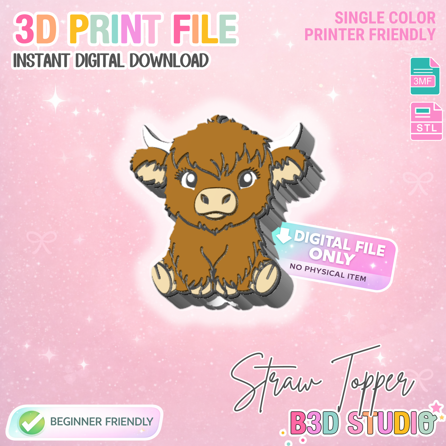 Highland Cow Straw Topper 3D Print File (STL & 3MF Digital Download) 8mm + 10mm Sizes