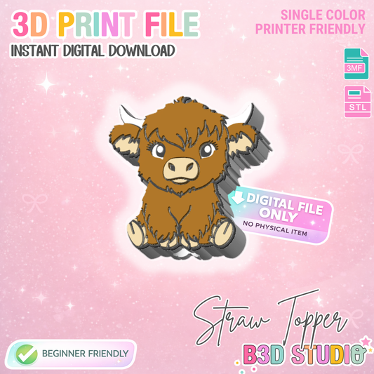 Highland Cow Straw Topper 3D Print File (STL & 3MF Digital Download) 8mm + 10mm Sizes
