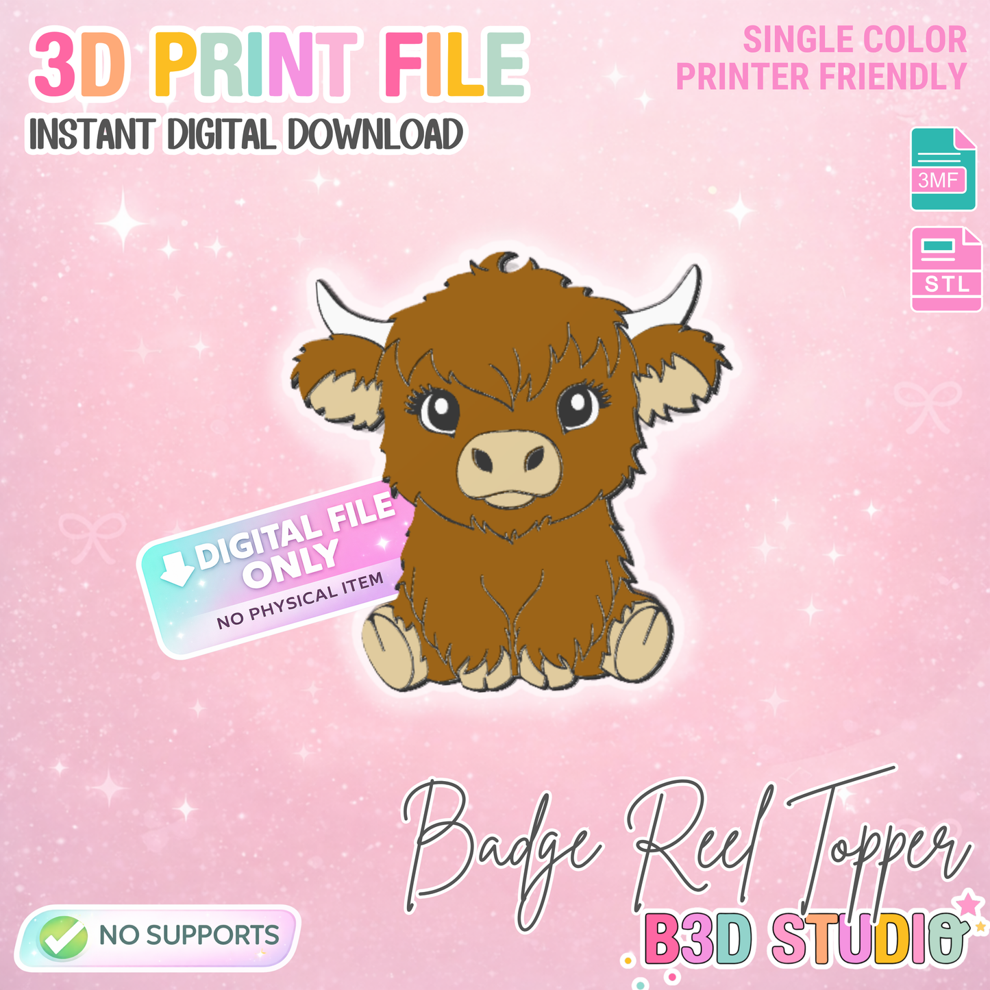 Highland Cow Badge Reel Topper Flat Back 3D Print File (STL & 3MF Digital Download)