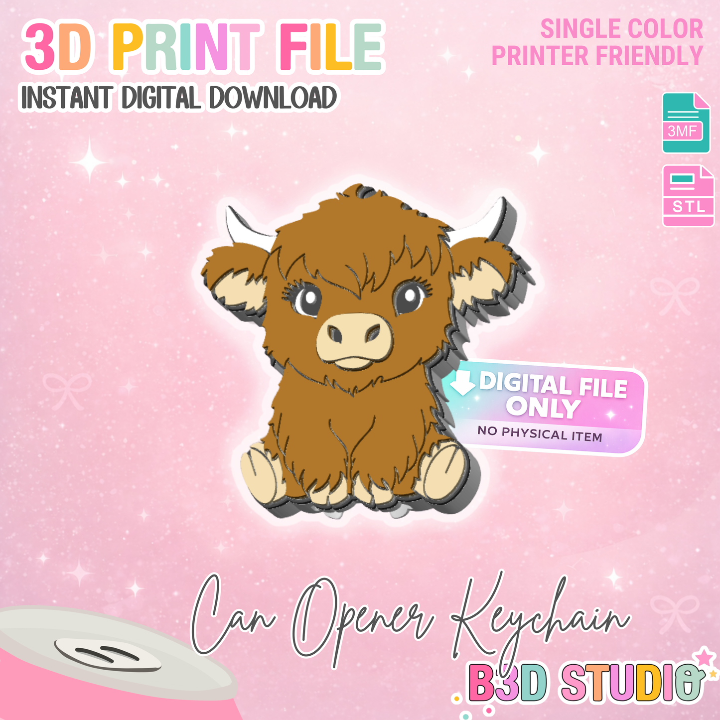 Highland Cow Can Opener Keychain 3D Print File (STL + 3MF Digital Download)