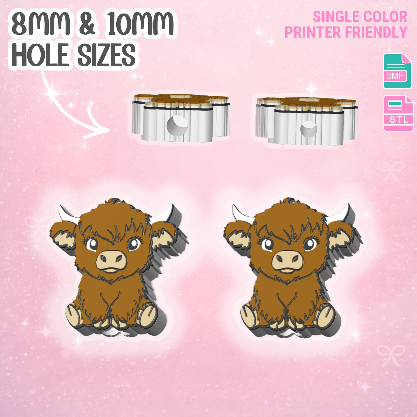 Highland Cow Straw Topper 3D Print File (STL & 3MF Digital Download) 8mm + 10mm Sizes