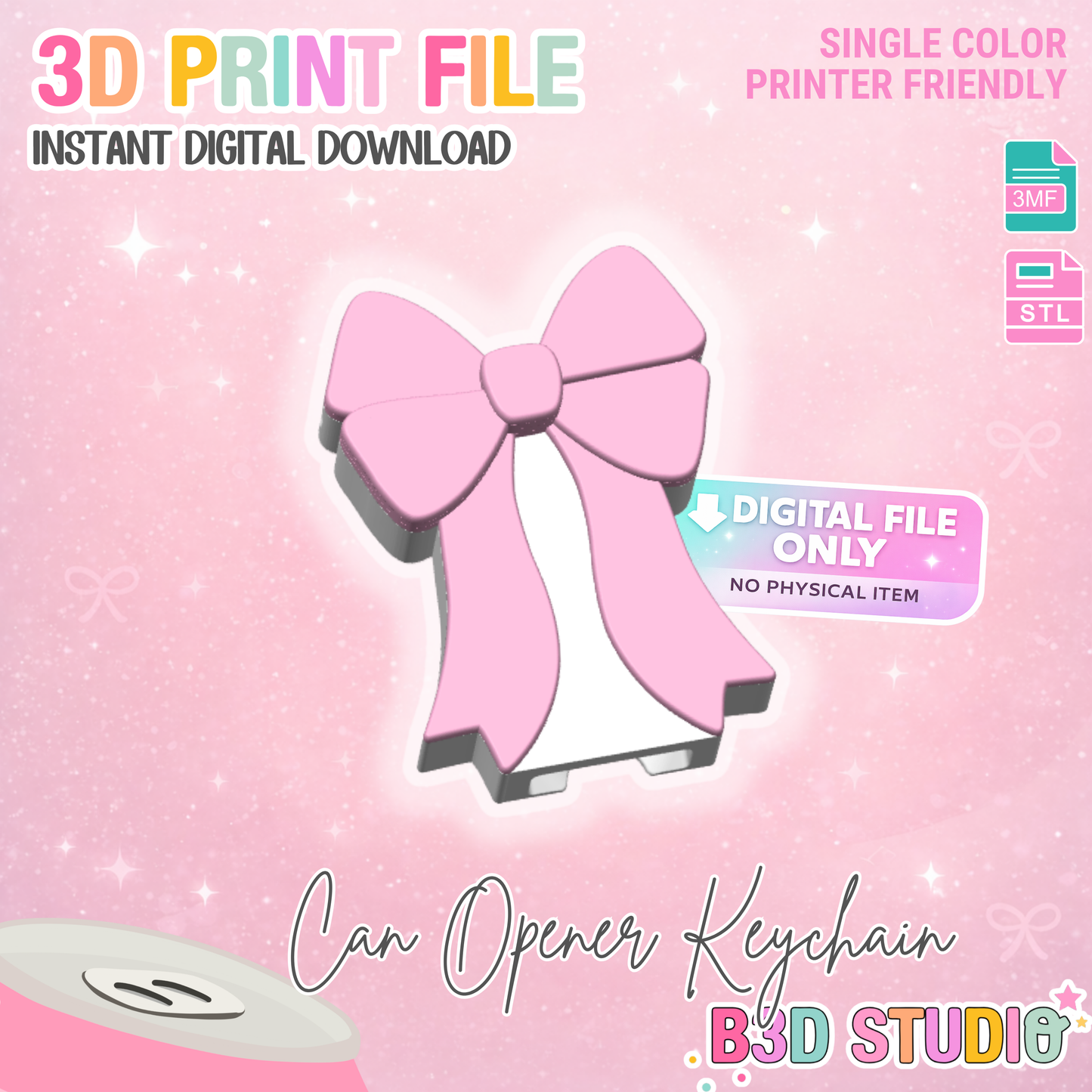 Coquette Bow Can Opener Keychain 3D Print File (STL + 3MF Digital Download)