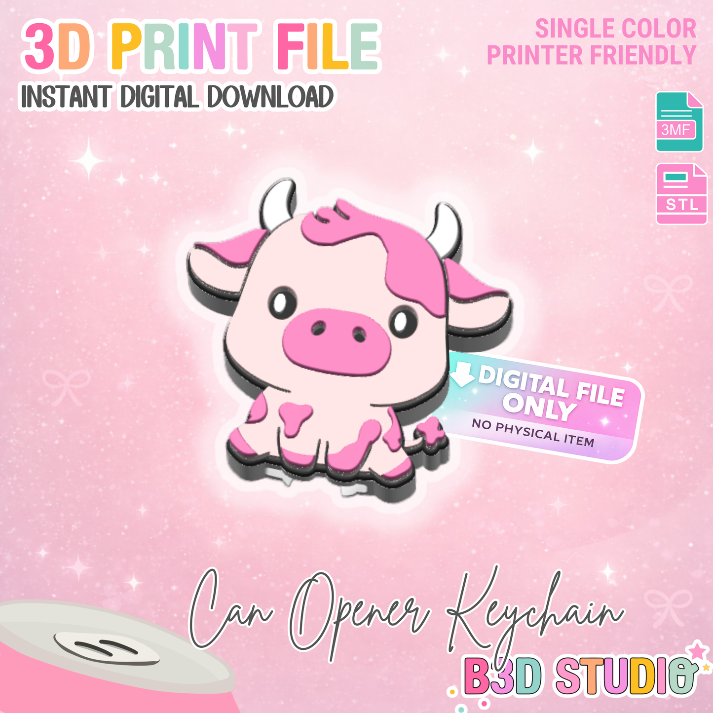 Cow Can Opener Keychain 3D Print File (STL + 3MF Digital Download)