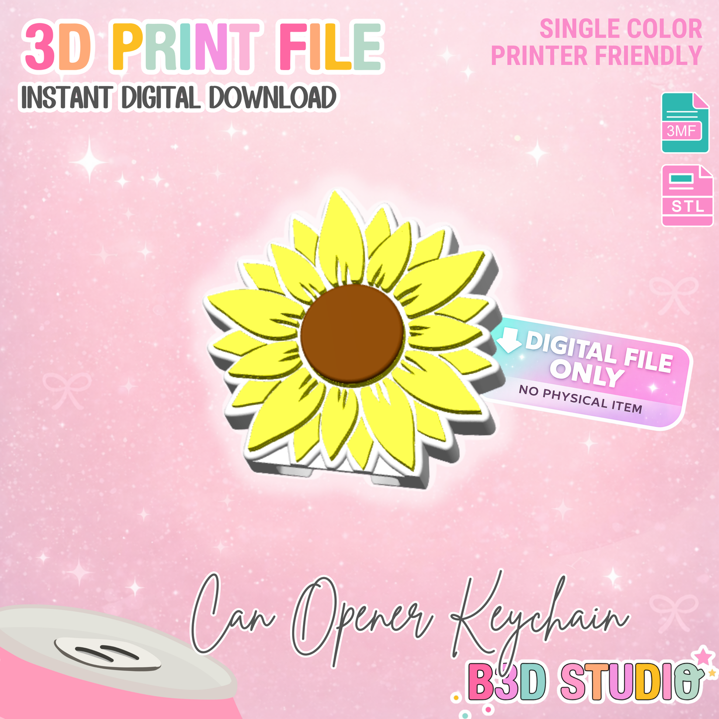 Sunflower Can Opener Keychain 3D Print File (STL + 3MF Digital Download)