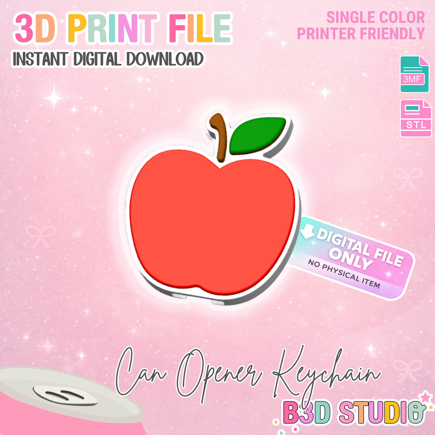 Apple Can Opener Keychain 3D Print File (STL + 3MF Digital Download)