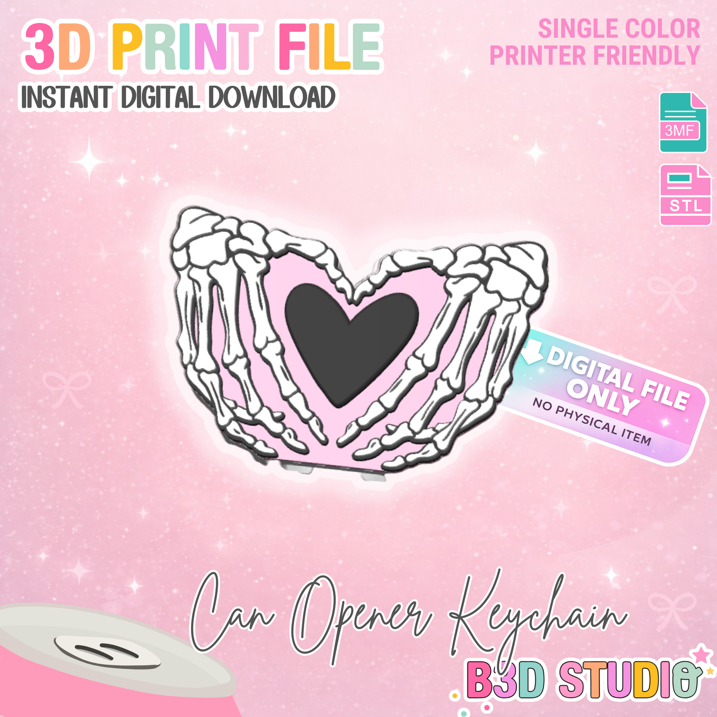 Skeleton Heart Hands Can Opener Keychain 3D Print File (STL + 3MF Digital Download)